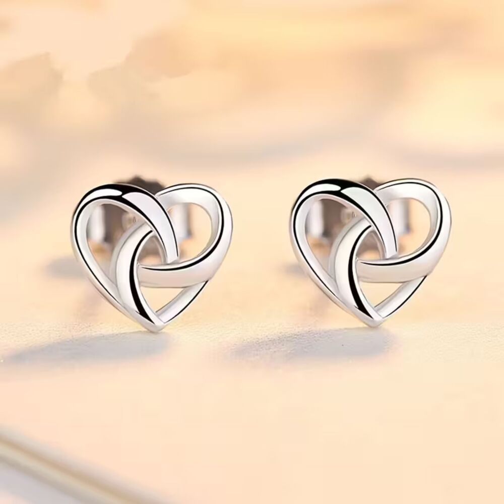 Simple Silver Heart Love Knot Stud Earrings Classic Retro Stylish Fashion Jewlry